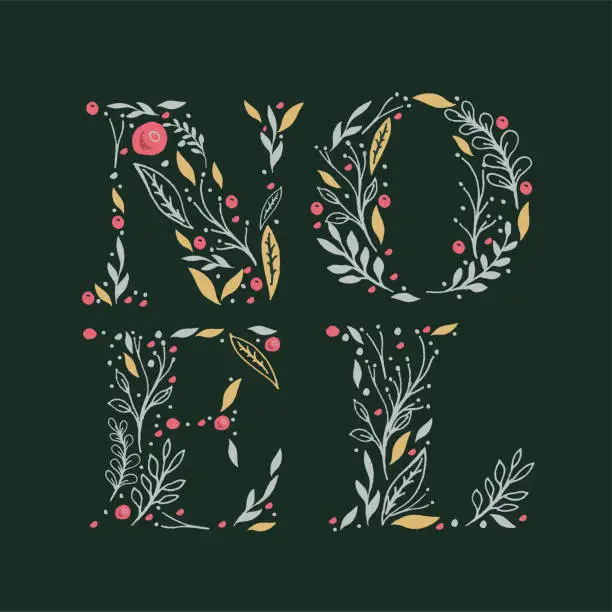 Vector illustration of Noel lettering composition collected from Christmas floral elements isolated on green background. Vector illustration