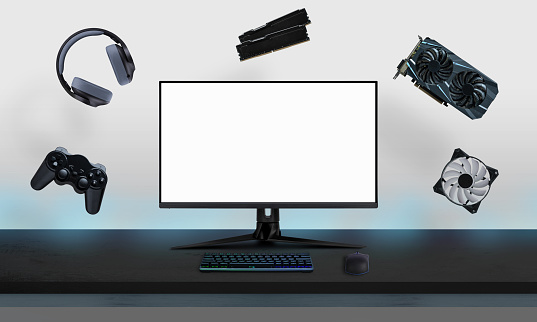 Gaming display with isoalted screen for mockup, game presentation, surrounded with levitating gaming hardware