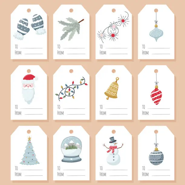 Vector illustration of A set of gift tags, labels with Christmas attributes and elements on a white background. Printable template with flat cartoon illustrations and the words To, from. Color vector illustration.