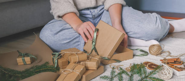 istock Christmas gift zero waste, eco friendly hand made box packaging gifts 1355817820