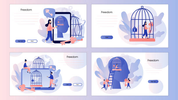Freedom concept. Mind prison psychological. Inner prison. Tiny people step out of cage. Сomfort zone. Screen template for landing page, template, ui, web, mobile app, poster, banner, flyer. Vector Freedom concept. Mind prison psychological. Inner prison. Tiny people step out of cage. Сomfort zone. Screen template for landing page, template, ui, web, mobile app, poster, banner, flyer. Vector illustration freedom illustrations stock illustrations