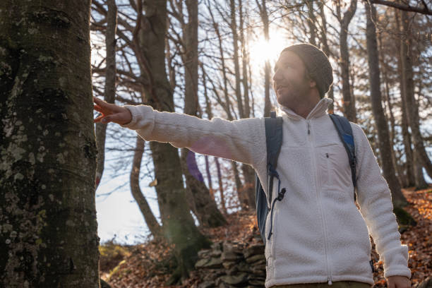 istock Young active man hikes through forest in the morning 1355819052