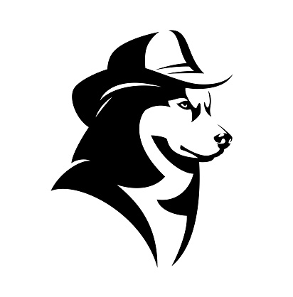 head portrait of shepherd dog wearing cowboy hat - american wild west style animal character black and white vector outline