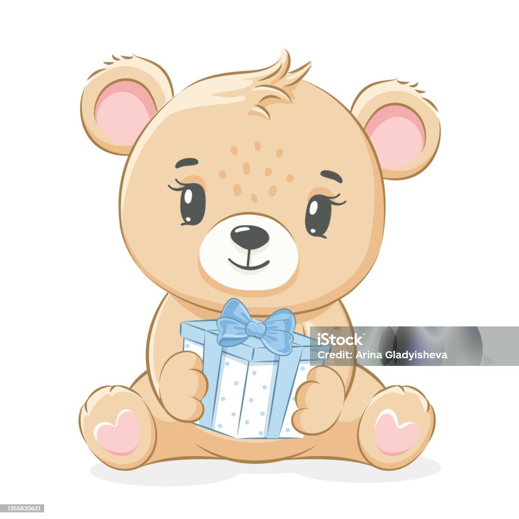Một Con Gấu Bông Dễ Thương Đang Ngồi Và Cầm Một Món Quà Vector ...