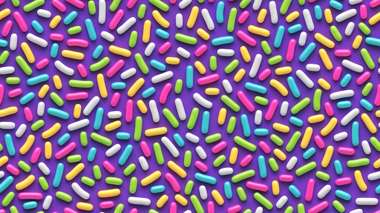 Seamless pattern with colorful sprinkles drops or hard candies on purple background. 3d rendering