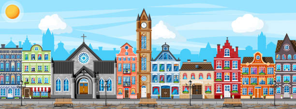 ilustrações, clipart, desenhos animados e ícones de cidade europeia tradicional. rua old city - banner backgrounds medieval history