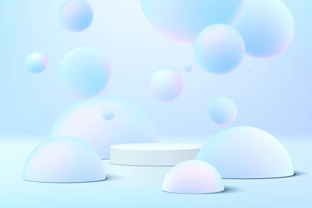 istock Realistic white 3D cylinder pedestal podium with blue hologram sphere ball or bubbles flying. Vector abstract studio room geometric platform. Minimal scene for products showcase, Promotion display. 1355821748