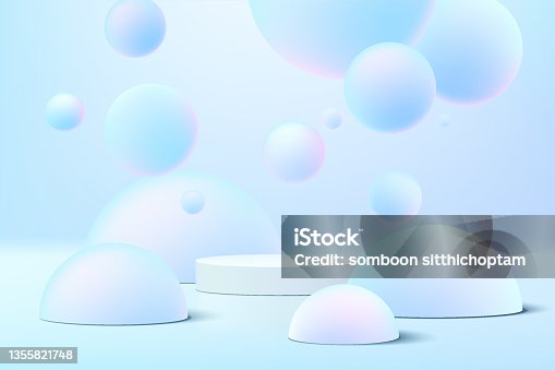 istock Realistic white 3D cylinder pedestal podium with blue hologram sphere ball or bubbles flying. Vector abstract studio room geometric platform. Minimal scene for products showcase, Promotion display. 1355821748