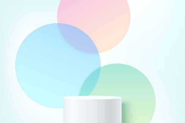 ilustrações de stock, clip art, desenhos animados e ícones de realistic 3d white cylinder stand podium with colorful circle glass overlap backdrop. vector abstract studio room with geometric platform. pastel minimal scene for products showcase, promotion display - color display