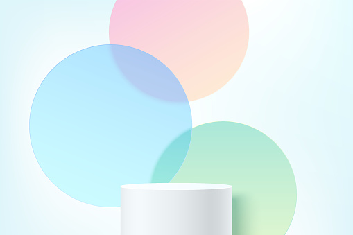 Realistic 3D white cylinder stand podium with colorful circle glass overlap backdrop. Vector abstract studio room with geometric platform. Pastel minimal scene for products showcase, Promotion display