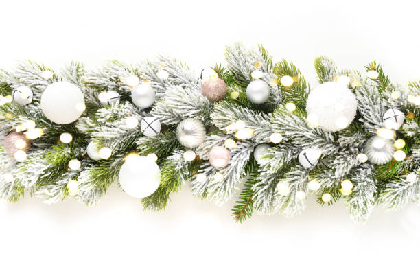 istock Christmas banner with white baubles in row on snowy evergreen branches. 1355821813