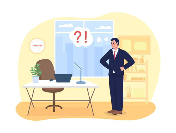 Poor attendance at work 2D vector isolated illustration Poor attendance at work 2D vector isolated illustration. Employee late to office. Absent worker. Angry boss flat characters on cartoon background. Corporate work challenges colourful scene abandoned stock illustrations