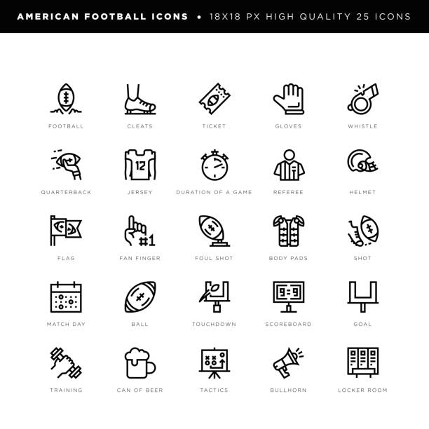 American football icons with its equipment, rules and other keywords 18 x 18 pixel high quality editable stroke line icons. These 25 simple modern icons are about American Football and include icons of football, cleats, ticket, gloves, whistle, quarterback, jersey, referee, helmet, flag, foam fan finger, foul shot, body pads, shot, calendar, ball, touchdown, scoreboard, goal, training, beer, tactics, bullhorn, locker room. football locker room stock illustrations