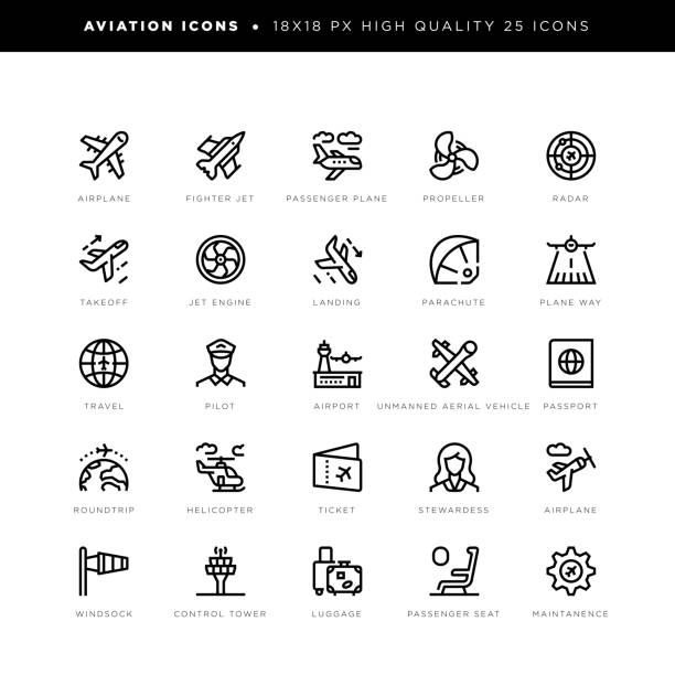Aviation icons 18 x 18 pixel high quality editable stroke line icons. These 25 simple modern icons are about aviation and include icons of airplane, fighter jet, passenger plane, propeller, radar, takeoff, jet engine, landing, parachute, plane way, travel, pilot, airport, unmanned aerial vehicle, passport, helicopter, ticket, stewardess, windsock, control tower, luggage, passenger seat, maintenance. helicopter seat stock illustrations