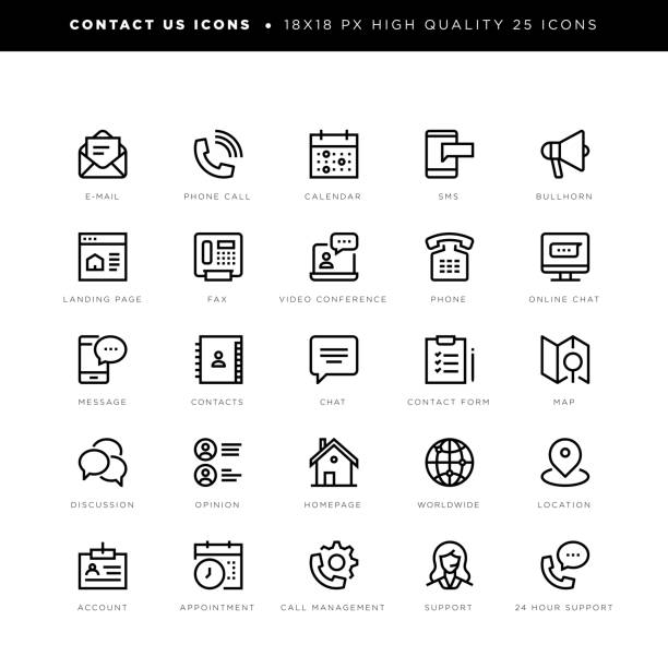 Contact us icons for communication, user interface, message, chat, e-mail, support, appointment etc. 18 x 18 pixel high quality editable stroke line icons. These 25 simple modern icons are about communication and include icons of e-mail, phone call, calendar, SMS, bullhorn, landing page, fax machine, video conference, phone, online chat, message, contact form, map, discussion, opinion, location, call management, support etc. homepage stock illustrations