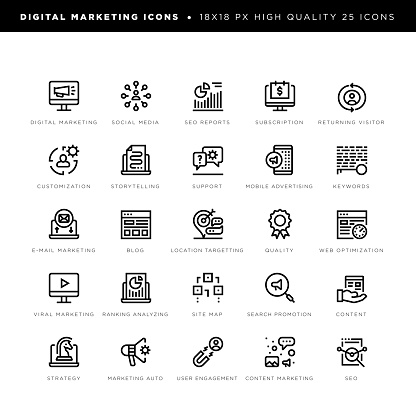 18 x 18 pixel high quality editable stroke line icons. These 25 simple modern icons are about digital marketing and include icons of social media, search engine, subscription, customization, storytelling, support, advertising, blog, web optimization, viral marketing, ranking analyzing, content, user engagement etc.