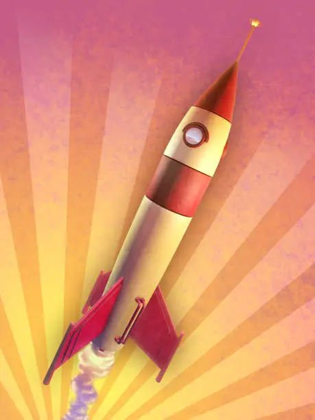 Rocket with a retro design taking off over a warm colored background. Digital illustration.