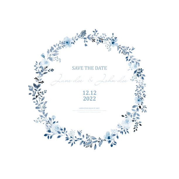 Watercolor wreath of blue flower and leaves Watercolor wreath of blue flower and leaves. Watercolor hand-painted with monochrome floral round frame isolated on white background. Suitable for wedding card design, invitations, Save the date. blue flowers stock illustrations
