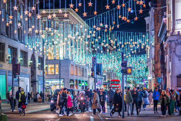 Night life of London, Oxford street. Festive decorations and Christmas lights in London. stock photo