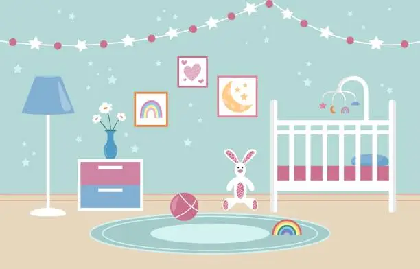 Vector illustration of Baby bedroom interior. Nursery room. Empty white baby crib with carousel for child. Decorations on wall and toys on floor. Vector flat illustration