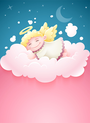 Pretty angel baby with wings sleeping at pink fluffy cloud under nighttime sky with Moon and stars cartoon with copyspace, place for text. Vector illustration.