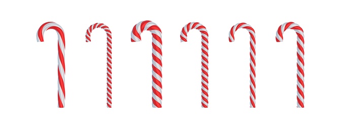 Christmas candy canes variation isolated on white background. Merry Xmas banner. Peppermint red white striped traditional kids candies. 3d illustration