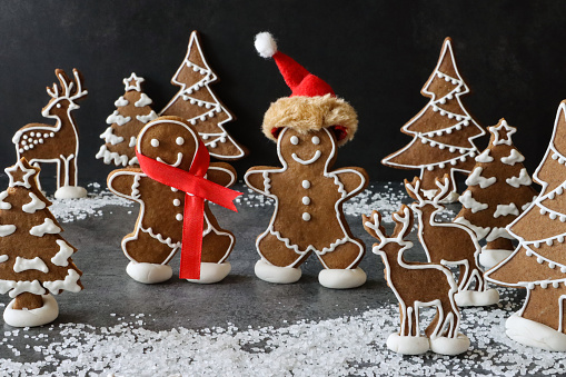 Stock photo showing close-up view of snowy forest night-time scene of gingerbread Christmas trees and reindeer decorated with white, royal icing.
