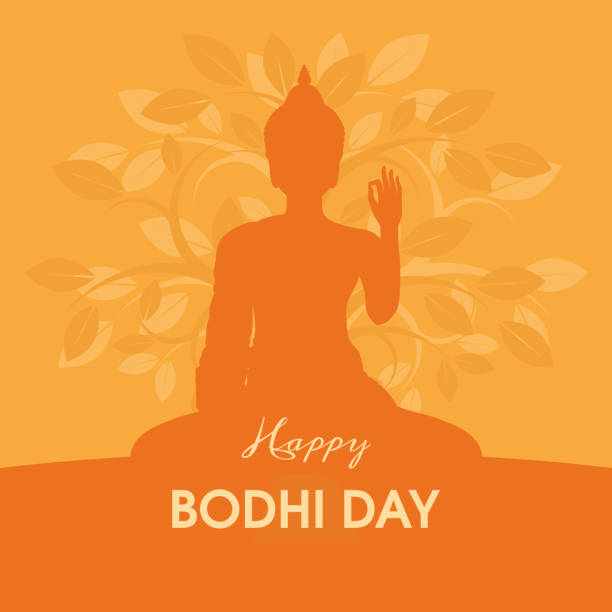Happy Bodhi Day vector Silhouette of sitting Buddha and tree vector illustration. Buddhist holiday. Important day Bodhi Day stock illustrations