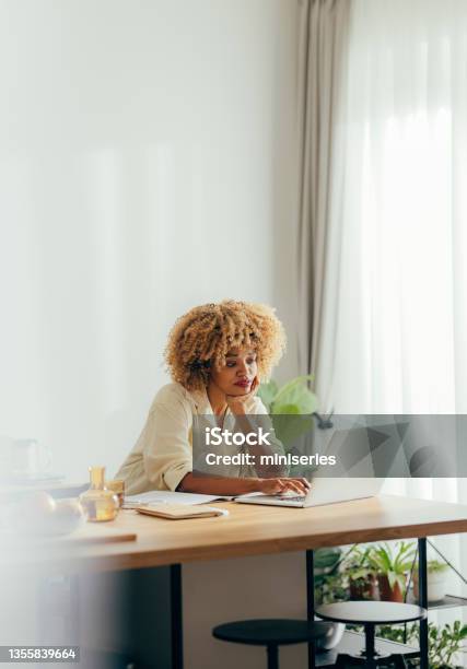 Beautiful Happy Woman Working From Home On Her Laptop Stock Photo - Download Image Now