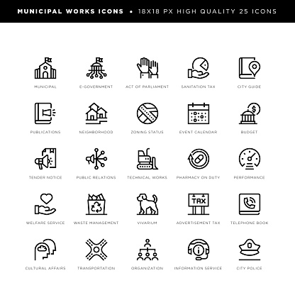 18 x 18 pixel high quality editable stroke line icons. These 25 simple modern icons are about municipal works and include icons of e-government, act of parliament, sanitation tax, city guide, publications, neighborhood, zoning, status, calendar, budget, tender notice, public relations, technical works, pharmacy on duty, welfare service, waste management, vivarium, cultural affairs, transportation, city police etc.