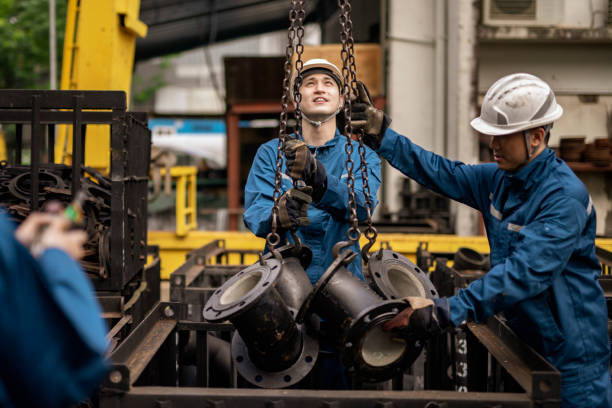 Blue collar workers working in steel factory