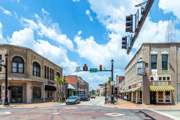 main street in historic Lake Charles old town in Midday sun. stock photo