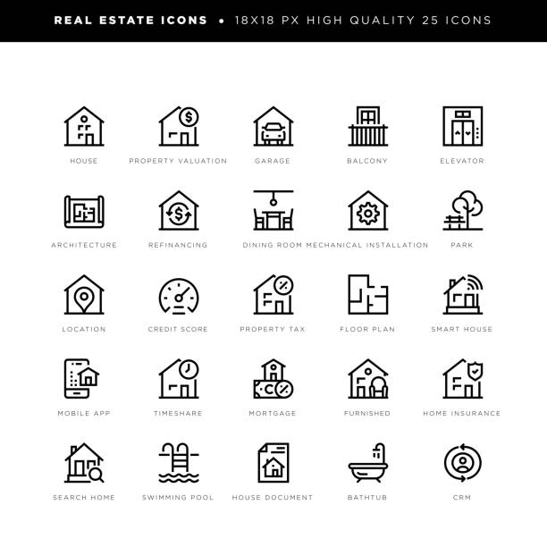 immobilien-icons mit keywords - house insurance home interior residential structure stock-grafiken, -clipart, -cartoons und -symbole