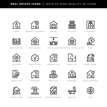 18 x 18 pixel high quality editable stroke line icons. These 25 simple modern icons are about real estate and include icons of house, property valuation, garage, balcony, elevator, architecture, refinancing, dining room, mechanical installation, park, location, credit score, property tax, floor plan, smart house, mortgage, home insurance, search home, swimming pool, bath tub etc.