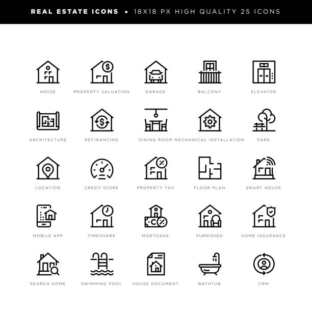 Real estate icons with keywords 18 x 18 pixel high quality editable stroke line icons. These 25 simple modern icons are about real estate and include icons of house, property valuation, garage, balcony, elevator, architecture, refinancing, dining room, mechanical installation, park, location, credit score, property tax, floor plan, smart house, mortgage, home insurance, search home, swimming pool, bath tub etc. tax drawings stock illustrations