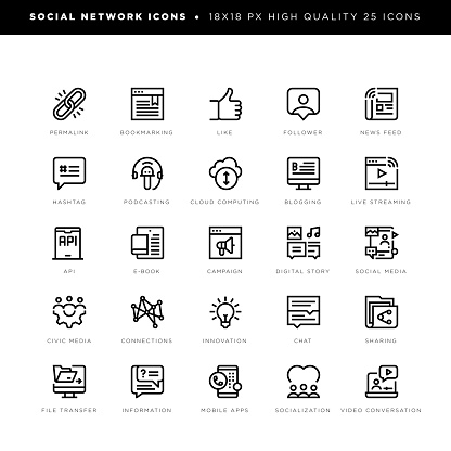 18 x 18 pixel high quality editable stroke line icons. These 25 simple modern icons are about social network and include icons of permalink, bookmarking, thumb up, news feed, hashtag, podcasting, cloud computing, blogging, live streaming, api, e-book, campaign, digital story, social media, chat, sharing, socialization, video conversation etc.