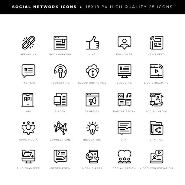 Social network icons for social media, connections, socialization etc. 18 x 18 pixel high quality editable stroke line icons. These 25 simple modern icons are about social network and include icons of permalink, bookmarking, thumb up, news feed, hashtag, podcasting, cloud computing, blogging, live streaming, api, e-book, campaign, digital story, social media, chat, sharing, socialization, video conversation etc. news feed icon stock illustrations