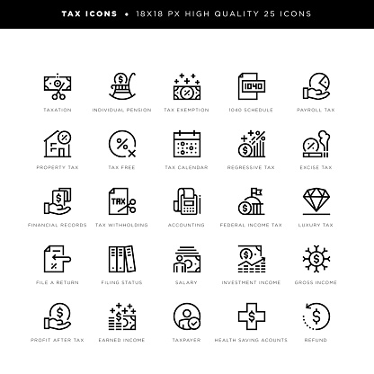 18 x 18 pixel high quality editable stroke line icons. These 25 simple modern icons are about taxation and include icons of individual pension, tax exemption, 1040 schedule, payroll tax, property tax, tax free, calendar, regressive tax, excise tax, financial records, tax withholding, accounting, federal income tax, luxury tax, salary, income, profit after tax, taxpayer, refund etc.