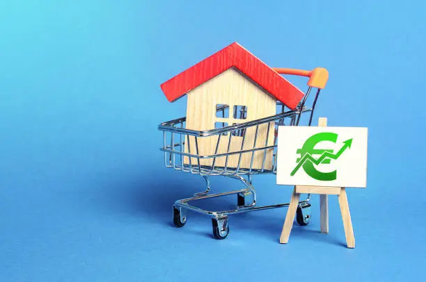 Photo of House in shopping cart and easel with green euro arrow up trend. Market growth, attracting investment. Raising taxes and house maintenance. Real estate rise in price increases. High demand and value