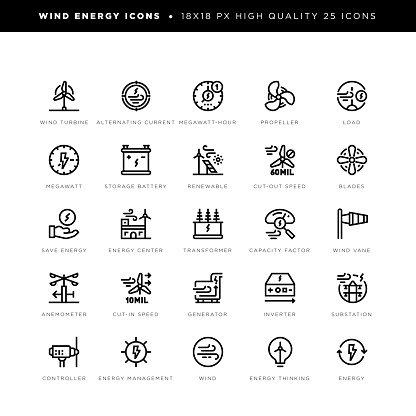 18 x 18 pixel high quality editable stroke line icons. These 25 simple modern icons are about wind energy and include icons of wind turbine, alternating current, megawatt-hour, propeller, load, megawatt, storage battery, renewable, cut-out speed, blades, save energy, cut-in speed, energy center, transformer, capacity factor, wind vane, anemometer, generator, inverter, substation, controller, energy management, wind etc.