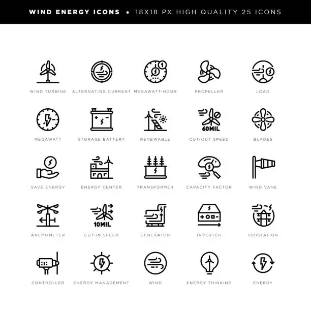 Vector illustration of Wind energy icons with its equipment,  wind turbine, propeller, transformer, wind vane, anemometer, generator and other keywords