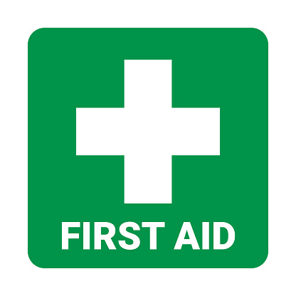 First aid icon symbol. Vector green cross safety medic treatment ambulance first aid help.
