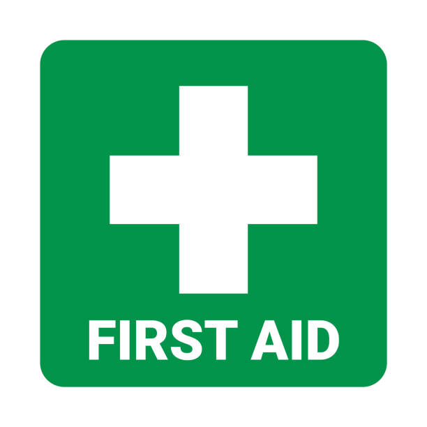 First aid icon symbol. Vector green cross safety medic treatment ambulance first aid help vector art illustration