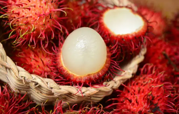 Photo of Red Rambutan fruit in basket with inner flesh visible