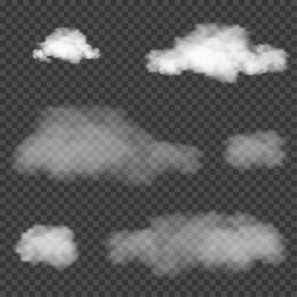 Set of fluffy cloud on transparent background. Vector of White cloudiness,fog or smoke on dark checkered background.Design elements of Cloudy sky or smog Set of fluffy cloud on transparent background. Vector of White cloudiness,fog or smoke on dark checkered background.Design elements of Cloudy sky or smog cirrus stock illustrations