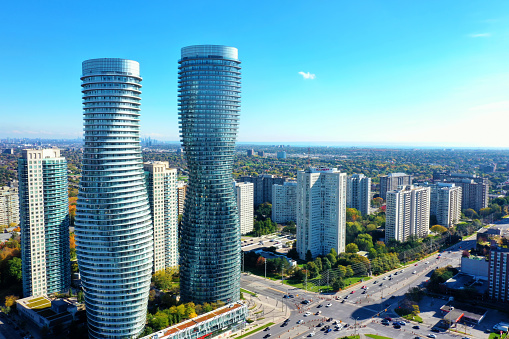 An aerial view of the Absolute World Complex in Mississauga, Ontario, Canada. Completed in 2012, it has won multiple design awards. It is nicknamed the Marilyn Monroe buildings