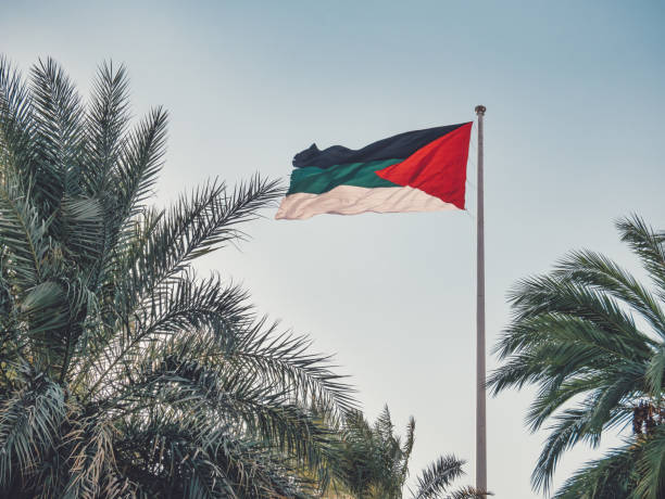 istock Jordanian flag waving in the wind between palm trees against blue sky. 1355849037