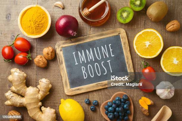 Fruits And Vegetables For Immune System Boosting Healthy Eating Background With Copy Space Top View Stock Photo - Download Image Now