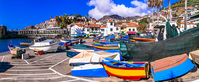 Colorfull traditional fishing village Camara de Lobos. Popular tourist destination .Madeira island travel and landmarks. Portugal