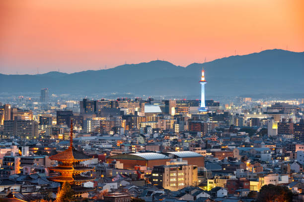 Kyoto, Japan Skyline at Dusk Kyoto, Japan skyline and towers at dusk. kyoto city stock pictures, royalty-free photos & images